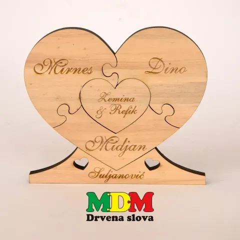 Porodično drveno srce puzzle dekor | Personalizirani poklon
