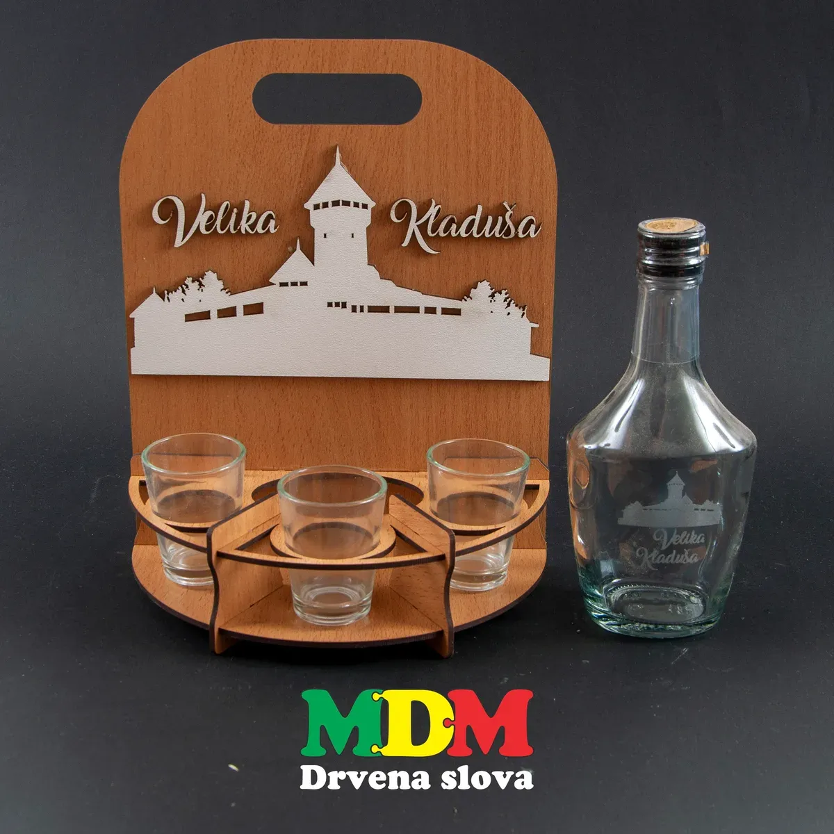 Drveni stalak za piće mini boca i 3 čaše | Dekorativni poklon