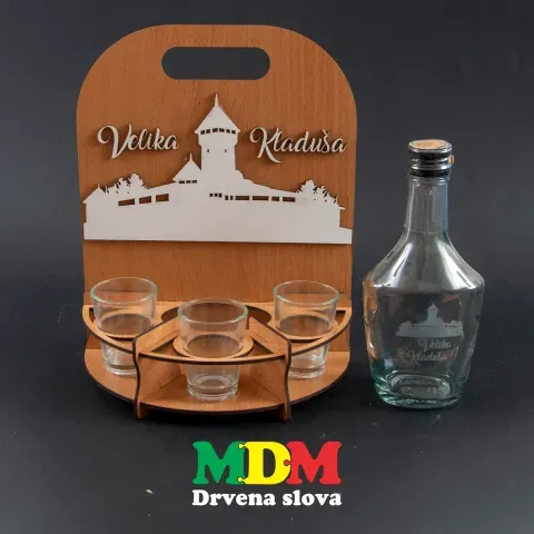 Drveni stalak za piće mini boca i 3 čaše | Dekorativni poklon