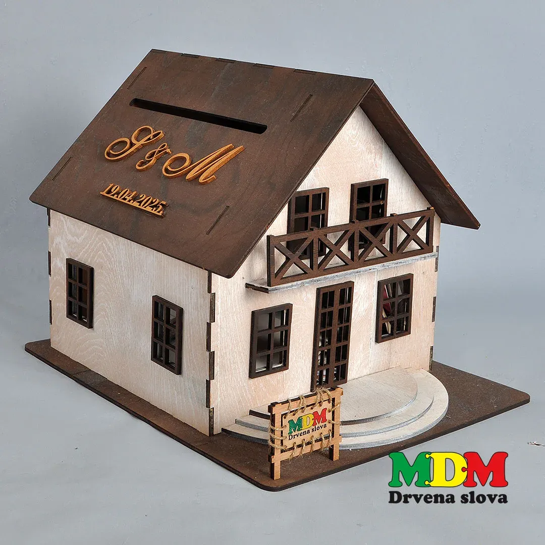 Kutija za novac za vjenčanje – Personalizirana drvena kućica za darivanje